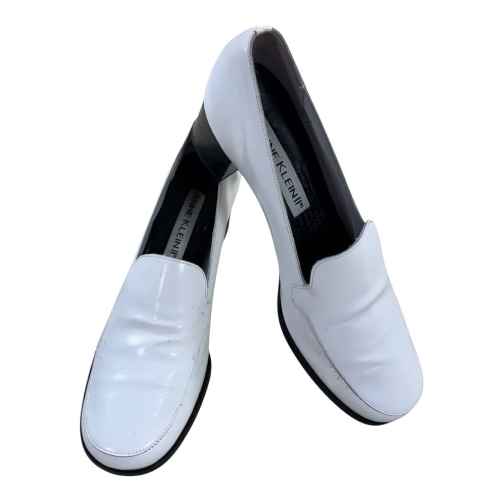 Anne Klein II White Leather Loafers Block Heel Slip-On Dress Shoes Size 8.5 M